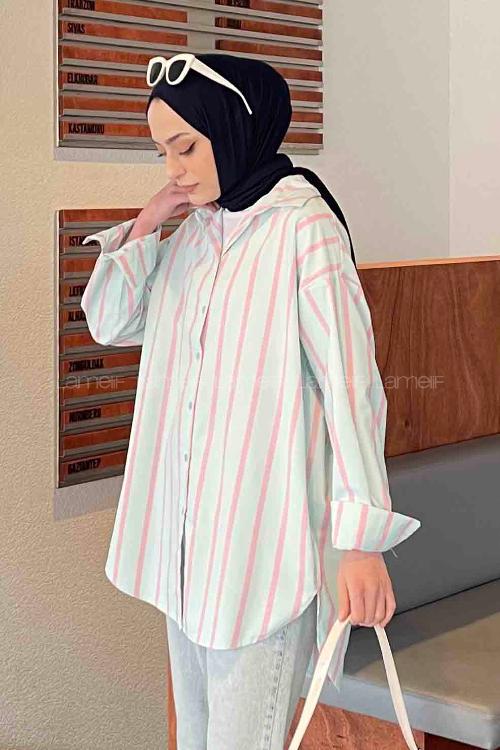 Lamelif Oversize Kalın Çizgi Detaylı Gömlek Su Yeşili