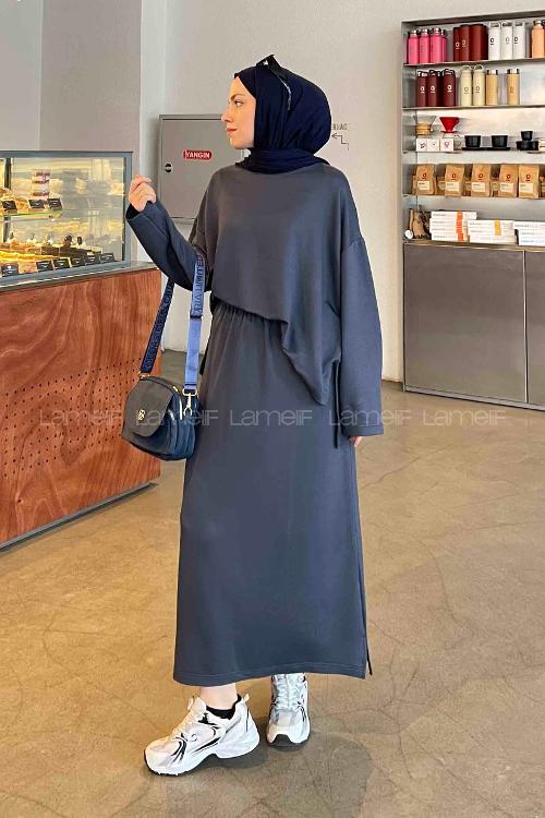 Lamelif Kristal Etekli Tesettür Takım Antrasit