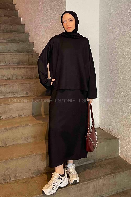 Lamelif Kristal Etekli Tesettür Takım Siyah