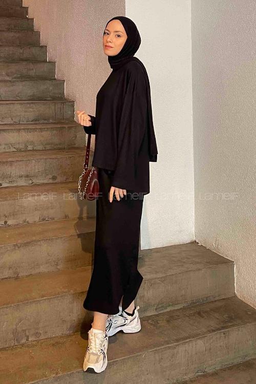 Lamelif Kristal Etekli Tesettür Takım Siyah