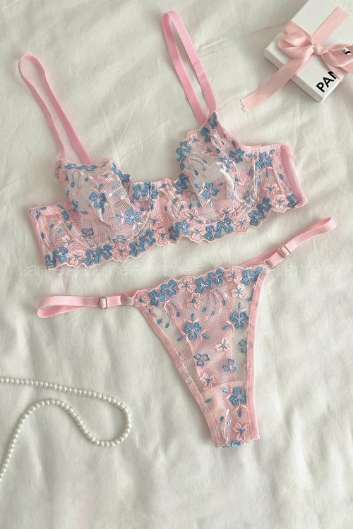 Lamelif Layd Çiçekli Bra Tül Takım Pudra