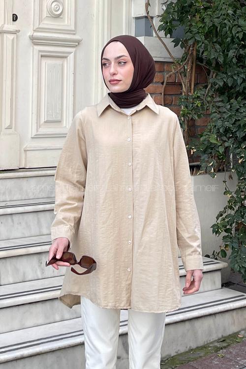 Beige Shirt Collar Long Arm Poplin Fabric Shirt