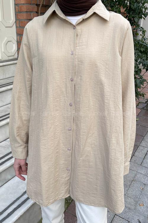 Beige Shirt Collar Long Arm Poplin Fabric Shirt