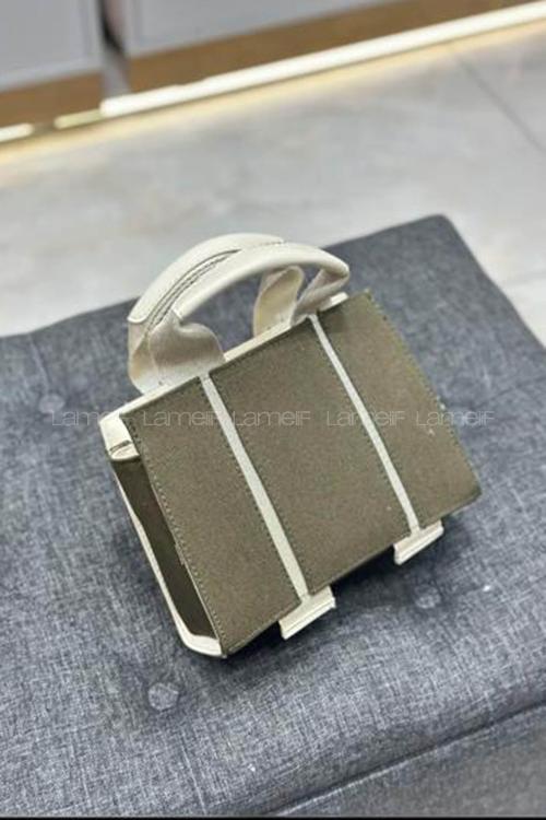 Lamelif Şerit Detaylı Keten El Ve Omuz Çantası Haki