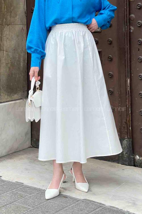 Lamelif Cep Detaylı Kloş Keten Etek Beyaz