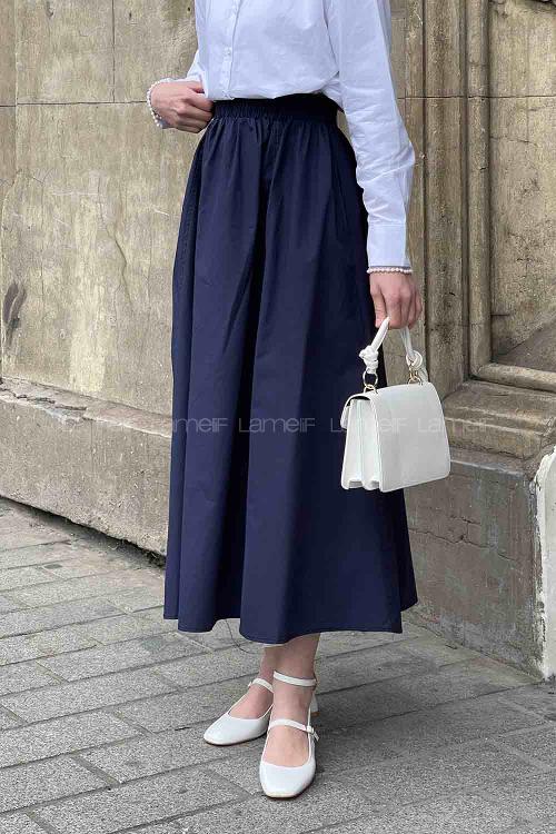 Lamelif Cep Detaylı Kloş Keten Etek Lacivert