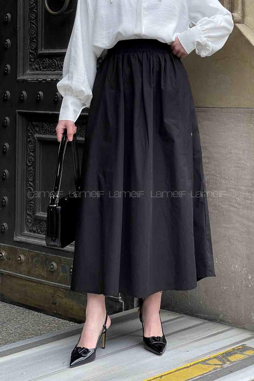 Lamelif Cep Detaylı Kloş Keten Etek Siyah