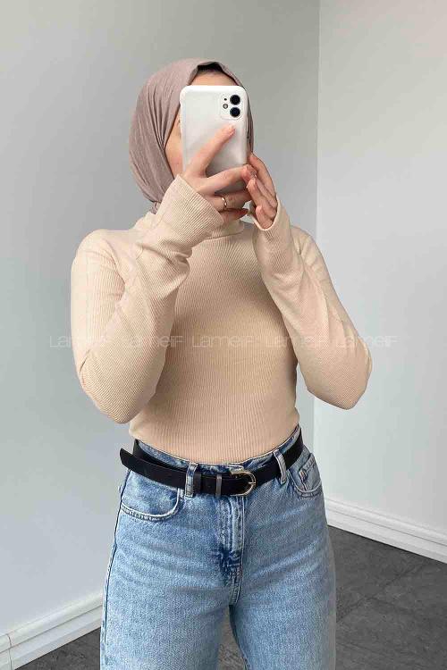 Lamelif Balıkçı Yaka Fitilli Body Krem