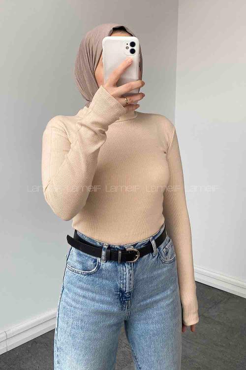 Lamelif Balıkçı Yaka Fitilli Body Krem