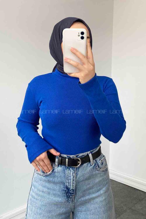 Lamelif Balıkçı Yaka Fitilli Body Saks Mavisi