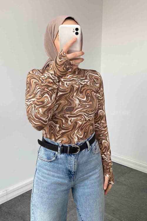 Lamelif Eldiven Detaylı Body Karamel