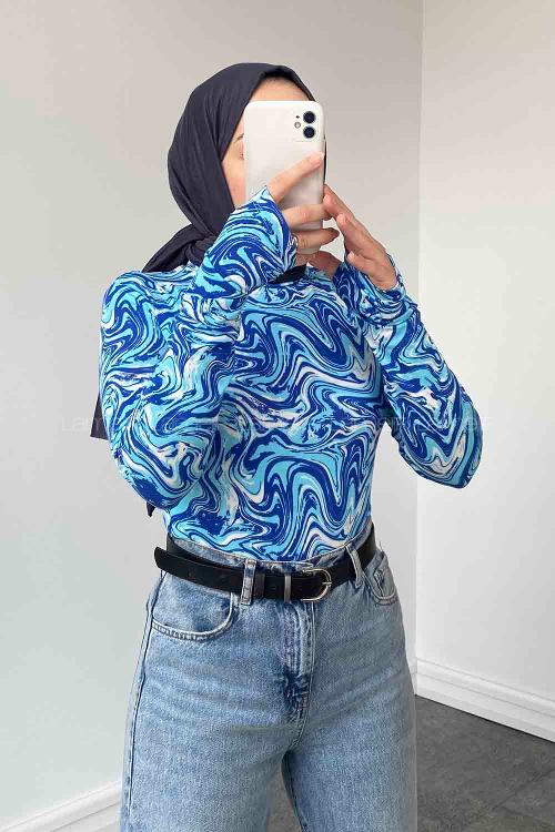 Lamelif Eldiven Detaylı  Ebru Desenli Body Mavi