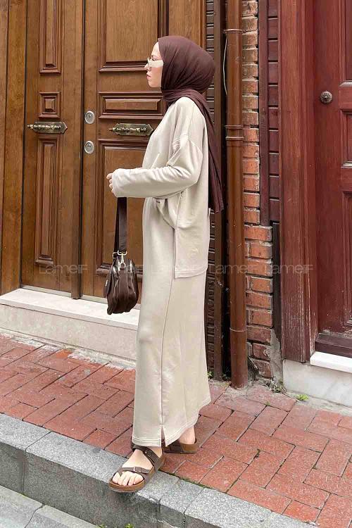 Lamelif Kristal Etekli Tesettür Takım Bej