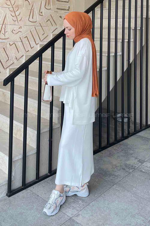 Lamelif Kristal Etekli Tesettür Takım Beyaz