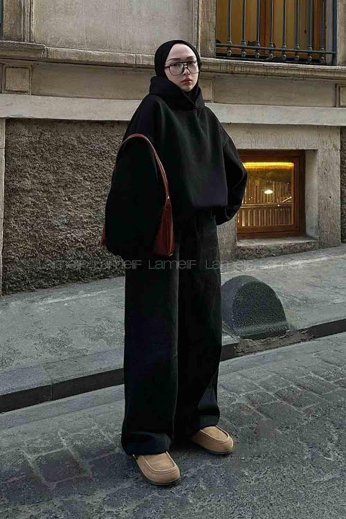 Black Hood Neck Long Arm Unprinted Sweatshirt