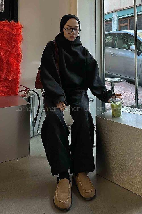 Black Hood Neck Long Arm Unprinted Sweatshirt