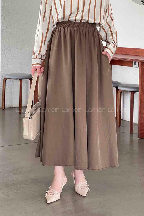 Lamelif Cep Detaylı Tensel Kloş Etek Kahve