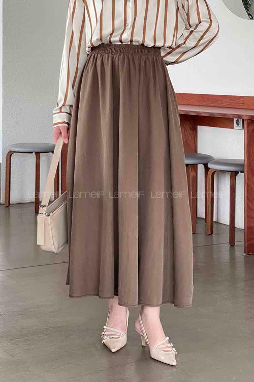 Lamelif Cep Detaylı Tensel Kloş Etek Kahve