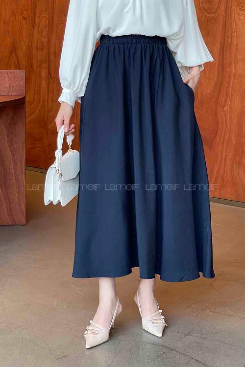 Lamelif Cep Detaylı Tensel Kloş Etek Lacivert