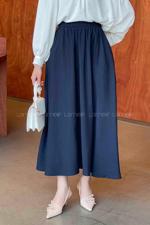 Lamelif Cep Detaylı Tensel Kloş Etek Lacivert