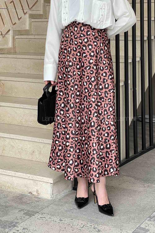 Lamelif Saten Pamuklu Leopar Etek Gül Rengi