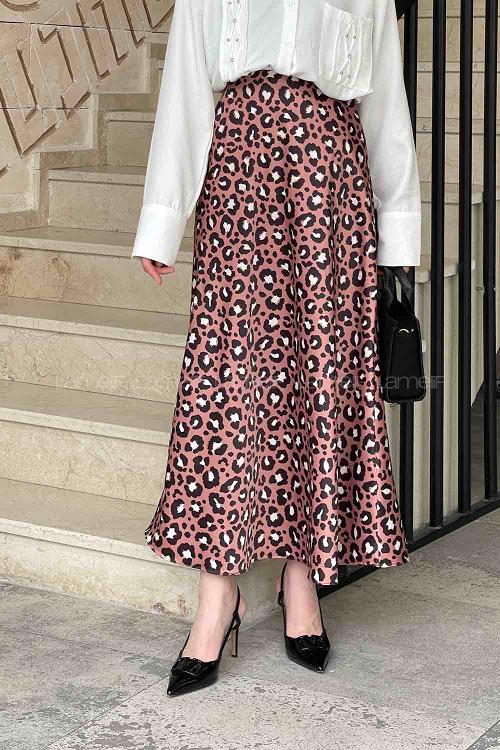 Lamelif Saten Pamuklu Leopar Etek Gül Rengi