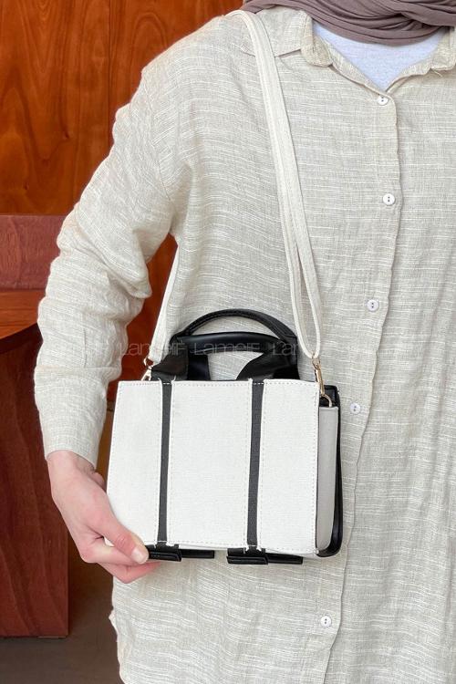 Lamelif Şerit Detaylı Keten El Ve Omuz Çantası Krem Siyah