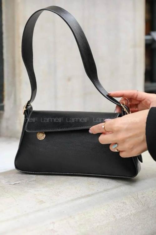 Lamelif Deri Görünümlü Omuz Çantası Kadın Siyah