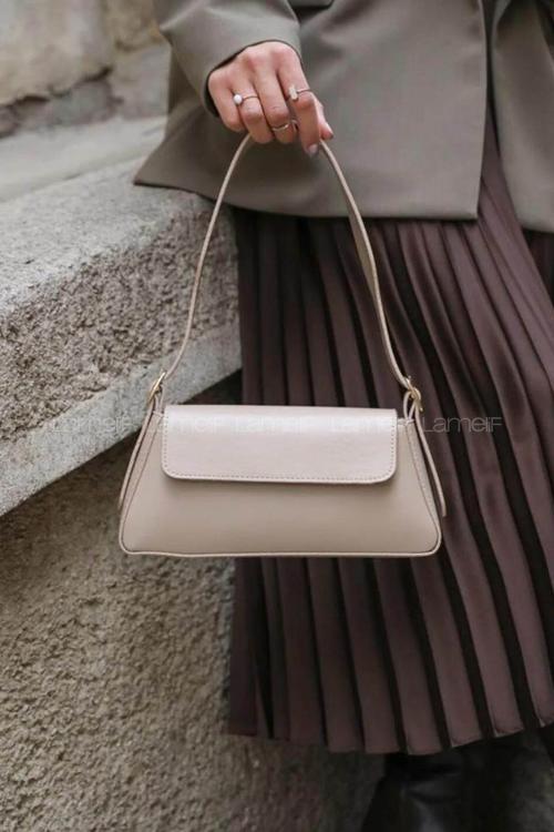 Lamelif Deri Görünümlü Omuz Çantası Kadın Vizonrengi