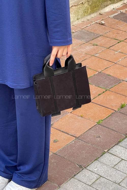 Lamelif Şerit Detaylı Keten El Ve Omuz Çantası Siyah