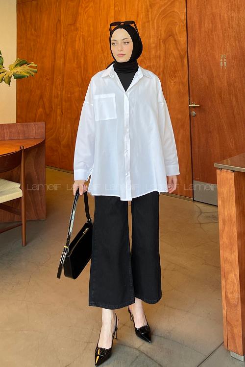 Lamelif Tek Cep Detaylı Oversize Gömlek Beyaz