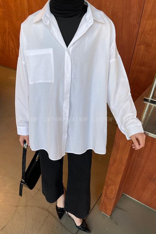 Lamelif Tek Cep Detaylı Oversize Gömlek Beyaz