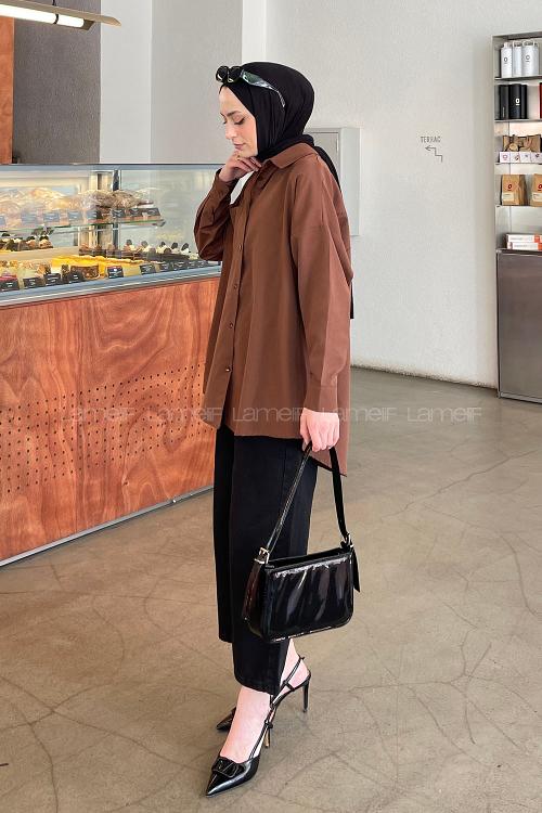 Lamelif Tek Cep Detaylı Oversize Gömlek Kahverengi