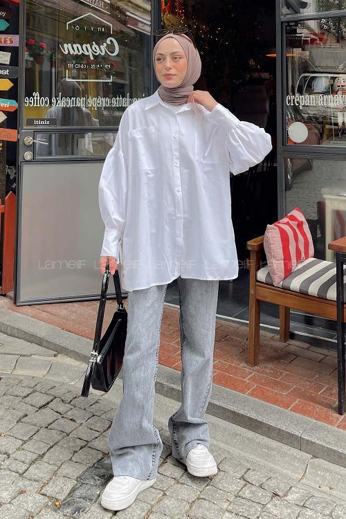 Lamelif Kol Bağlama Detaylı Oversize Gömlek Beyaz