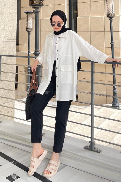 Lamelif Kapaklı İki Cepli Tahta Düğmeli Gömlek Ekru