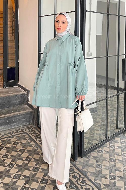 Plum Green Shirt Collar Linen Tunic