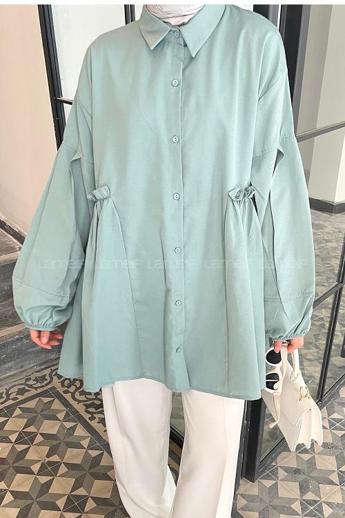 Plum Green Shirt Collar Linen Tunic