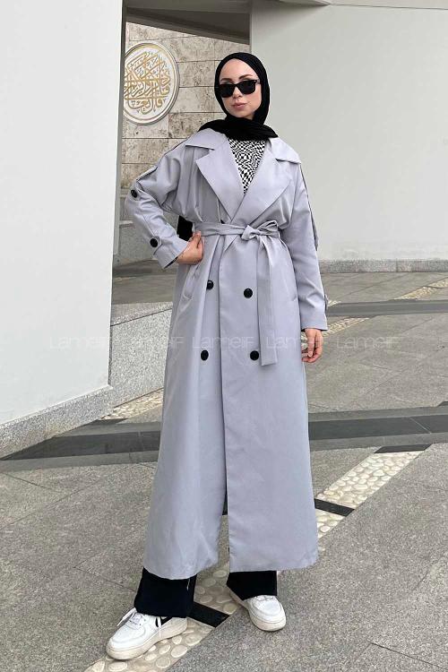 Gray Long Arm Belted Cotton Trench Coat