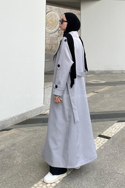 Gray Long Arm Belted Cotton Trench Coat