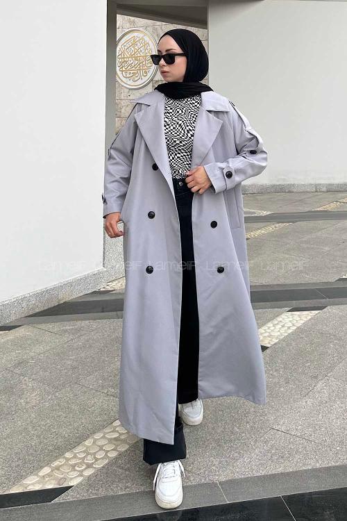 Gray Long Arm Belted Cotton Trench Coat