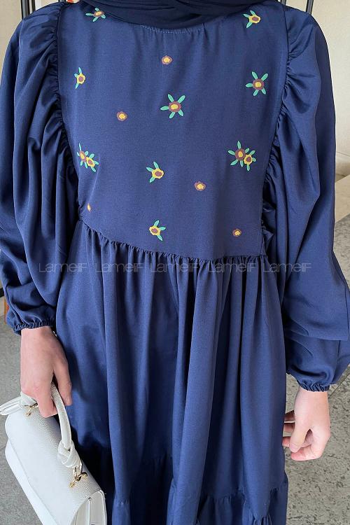 Navy Blue Crew Neck Cotton Printed Dresess