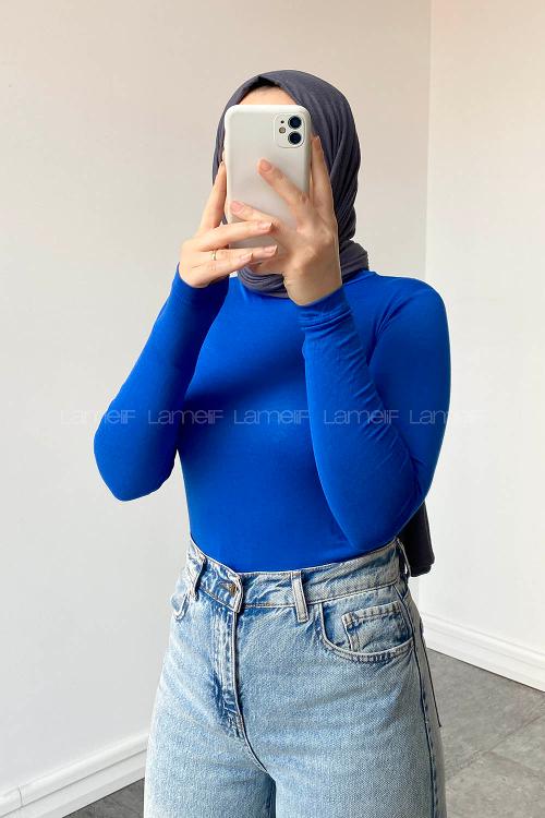 Lamelif Yarım Balıkçı Yaka Düz Renk Body Saks Mavisi