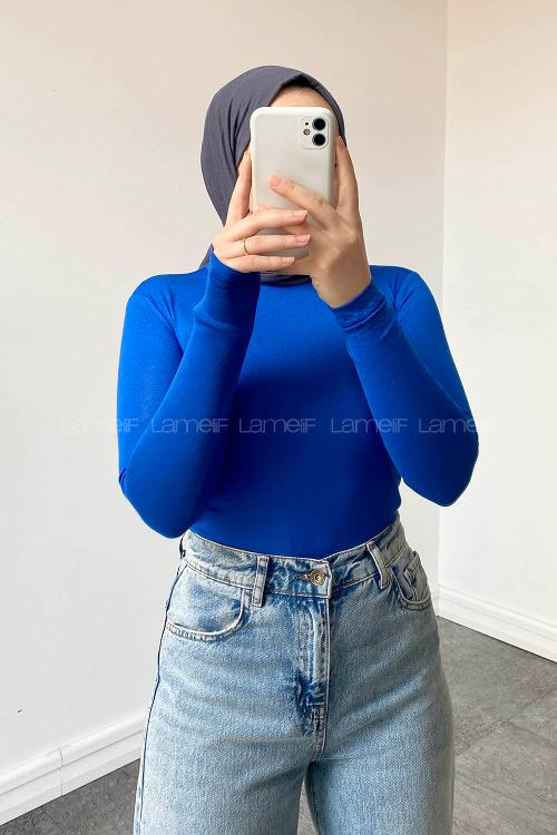 Lamelif Yarım Balıkçı Yaka Düz Renk Body Saks Mavisi