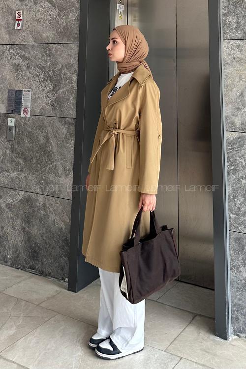 Lamelif Bağlama Detaylı Trenç Vizonrengi