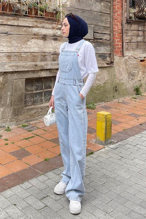 Lamelif Dekoratif Cep Detaylı Kot Tulum Buz Mavisi