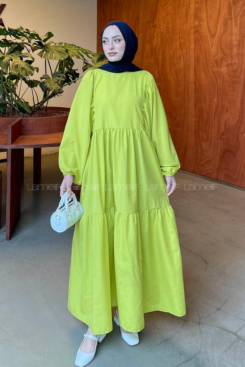 Lamelif Balon Kol Katlı Tesettür Elbise Yağ Yeşili