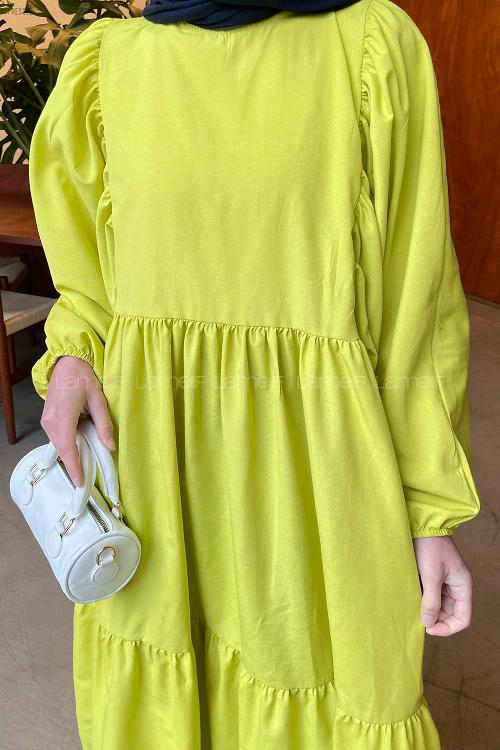 Lamelif Balon Kol Katlı Tesettür Elbise Yağ Yeşili