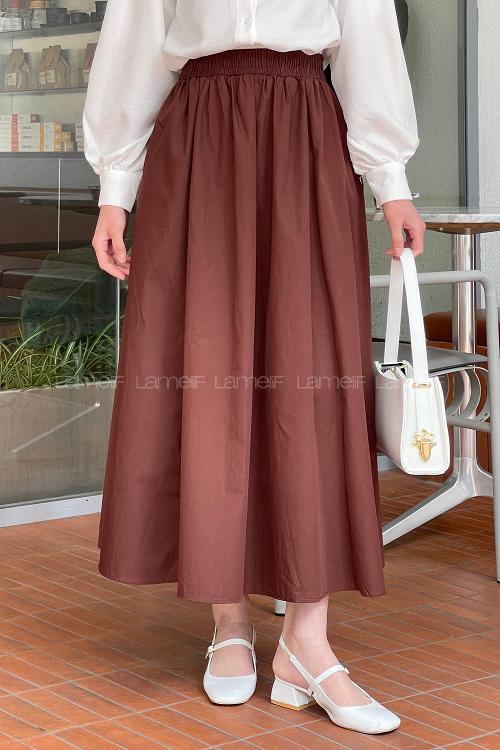 Lamelif Cep Detaylı Kloş Keten Etek Acı Kahve
