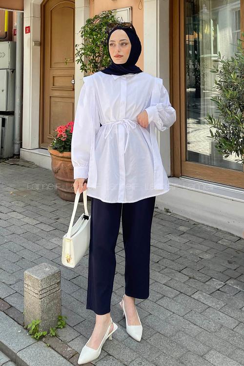 Lamelif Bel Bağlamalı Omuz Vatkalı Gömlek Beyaz
