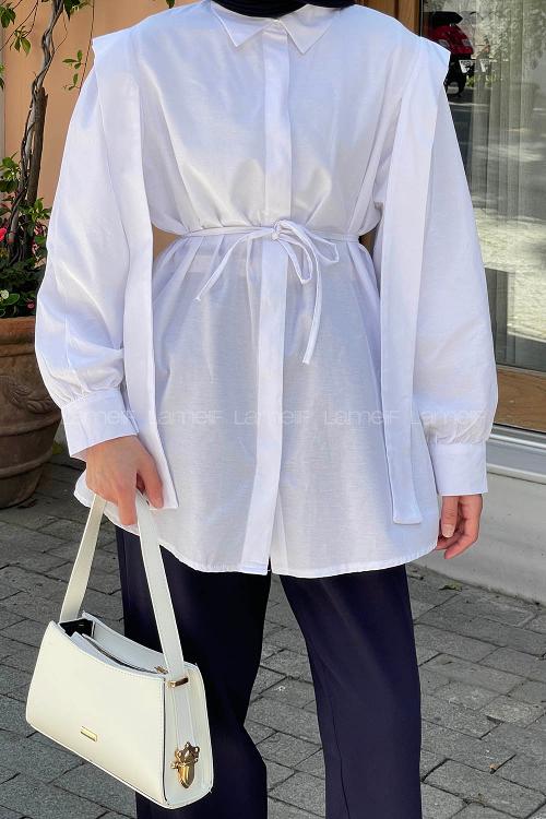 Lamelif Bel Bağlamalı Omuz Vatkalı Gömlek Beyaz